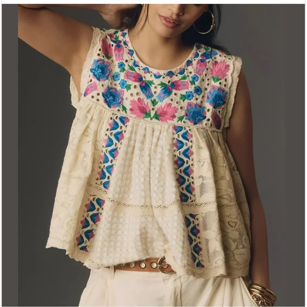 Let me be Anthro Cotton Top Small Cream Embroidered Lace Babydoll Boho Blouse